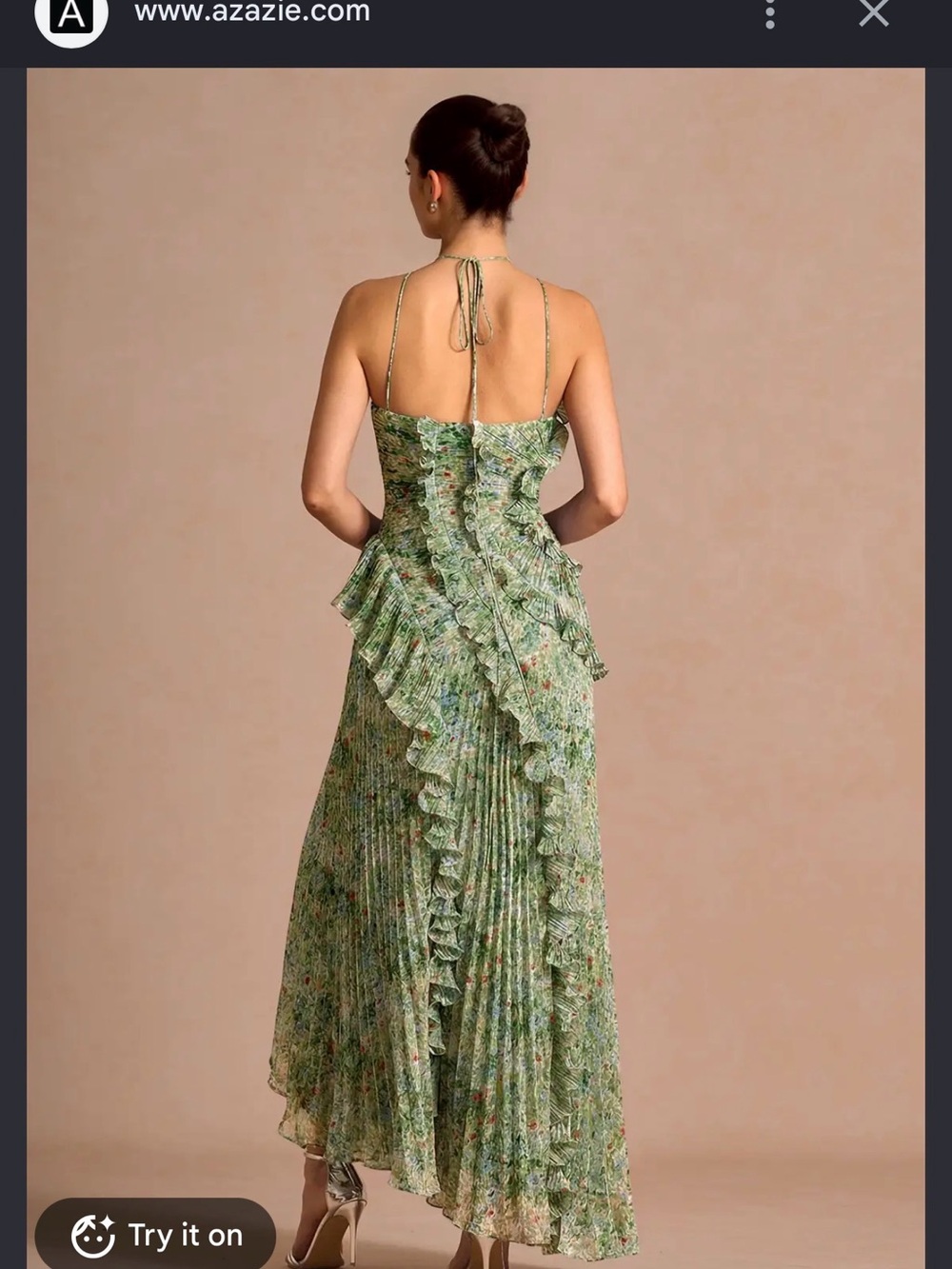 Azazie Green Floral Halter High-Low Ruffle Dress - Picture 3 of 4